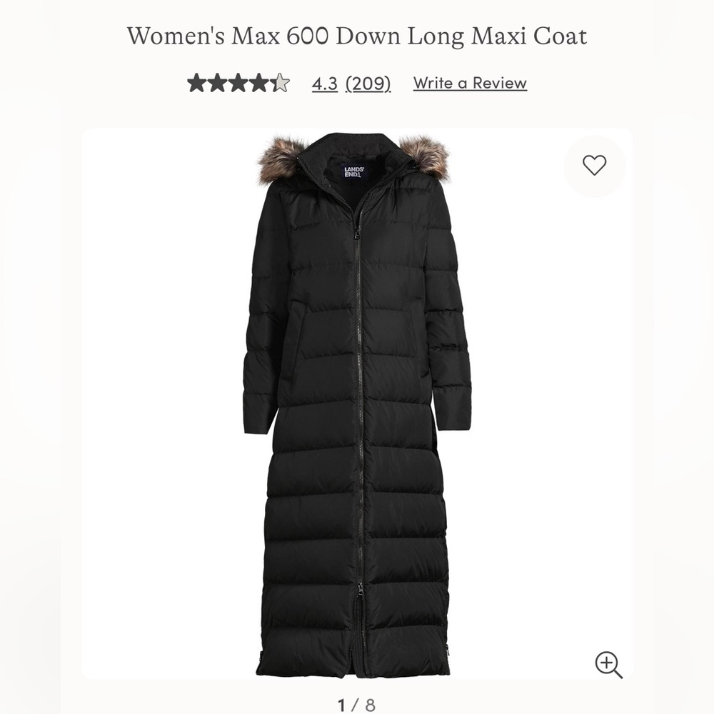 Lands' End **New w/ Tags** Women's Maxi Puffer Coat, Tall, Small, Black